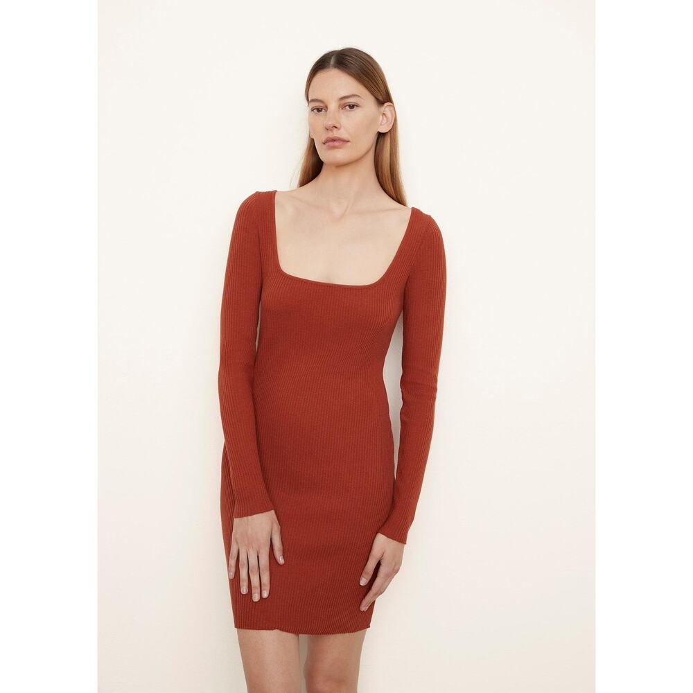 Vince Dress Womens‎ Small Rust Amber Long Sleeve Square Neck Ribbed Mini NWT